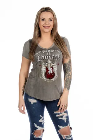 7150 Ladies Bling Shirt Forever Country with Guitar Graphic Made in the USA