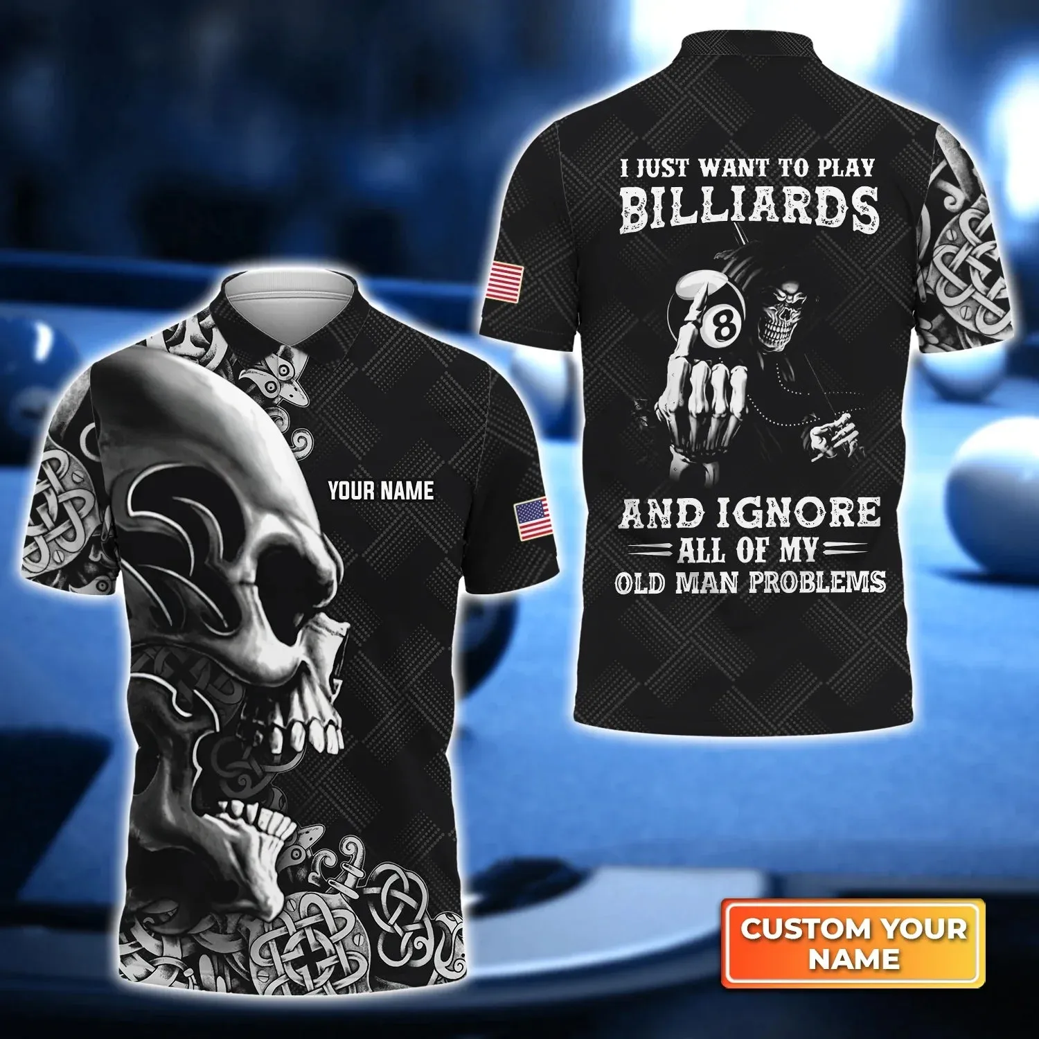 American Flag Pool 8 Ball Shut Up And Shoot Personalized Name 3D Polo Shirt, Gift For Billiard Players