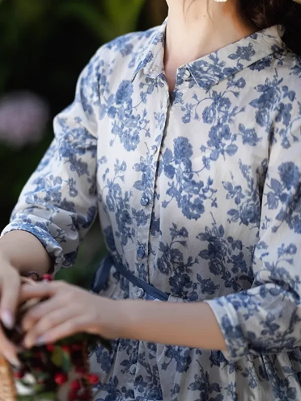 Blue Flower Ribbon Strap Dress