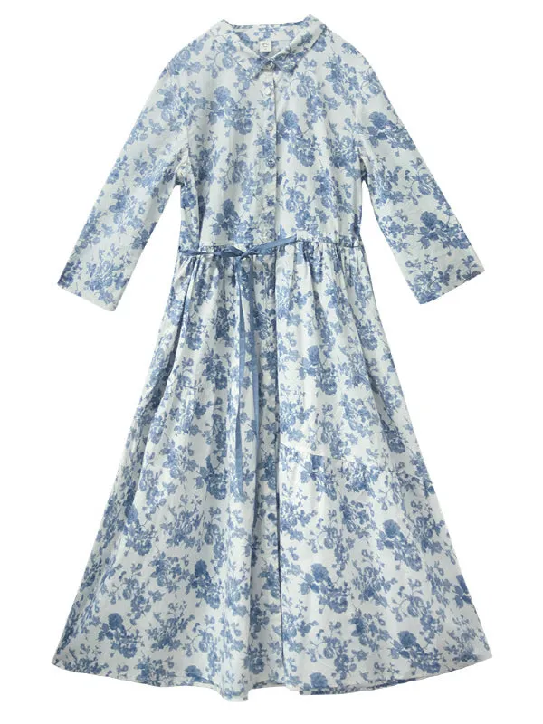 Blue Flower Ribbon Strap Dress