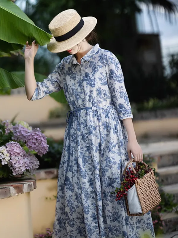 Blue Flower Ribbon Strap Dress