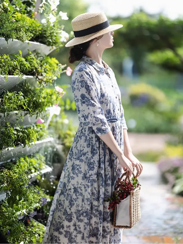 Blue Flower Ribbon Strap Dress