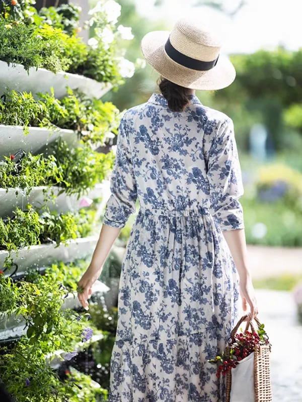 Blue Flower Ribbon Strap Dress