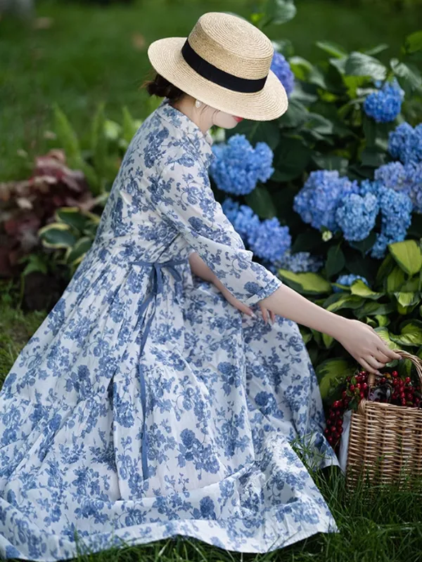 Blue Flower Ribbon Strap Dress