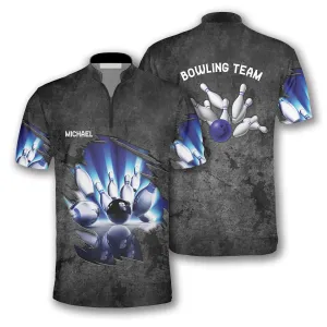 Blue Pins Grey Grunge Pattern Custom Bowling Jerseys for Men, Personalized Bowling 3D Shirt