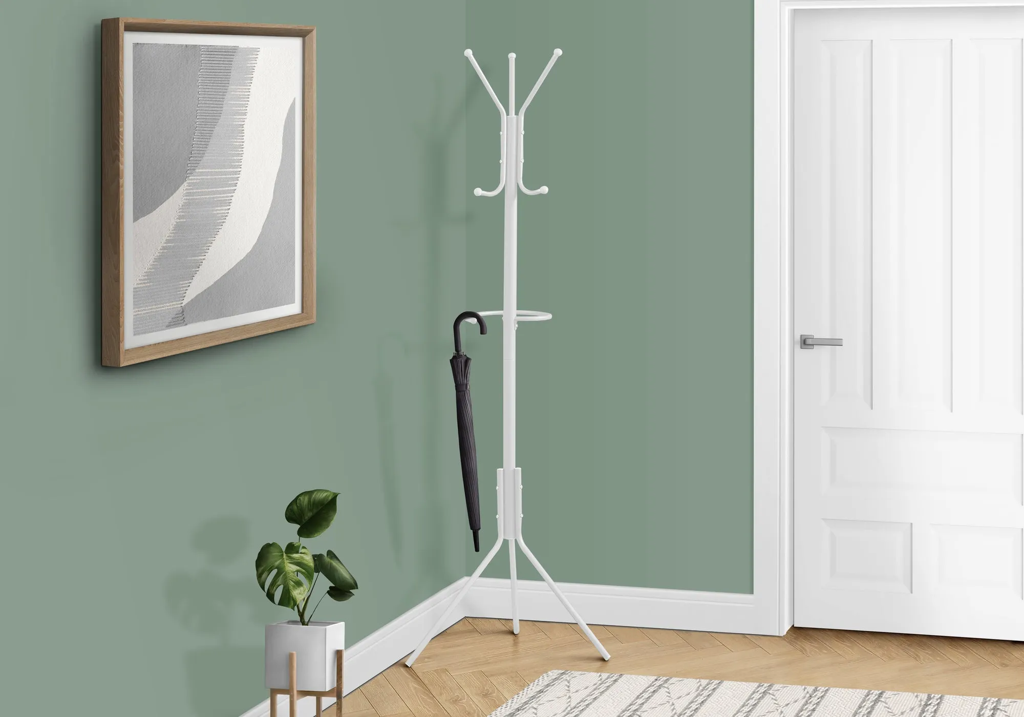 Coat Rack, Hall Tree, Free Standing, Hanging Bar, 6 Hooks, Entryway, 68"h, Bedroom, White Metal, Contemporary, Modern