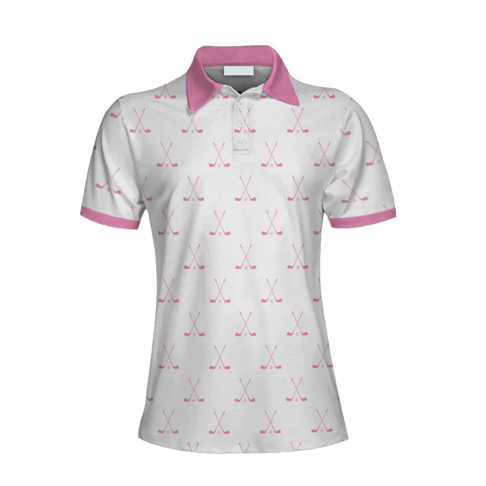 Crossed Golf Clubs Pink And White Golf Short Sleeve Women Polo Shirt, Simple Golf Shirt Design For Ladies