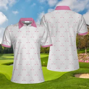 Crossed Golf Clubs Pink And White Golf Short Sleeve Women Polo Shirt, Simple Golf Shirt Design For Ladies