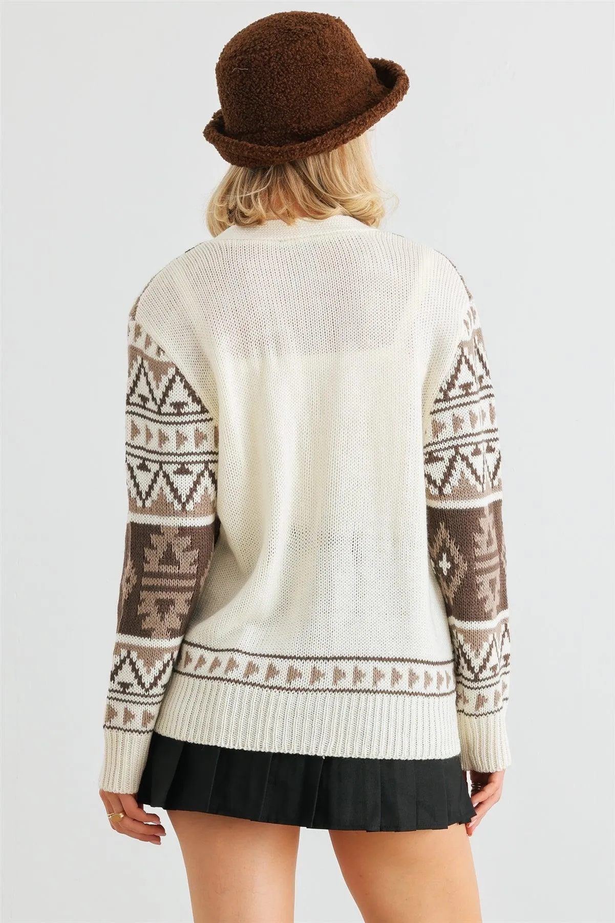 Fair Isle Knit Button-Up Long Sleeve Sweater Cardigan /2-2-2