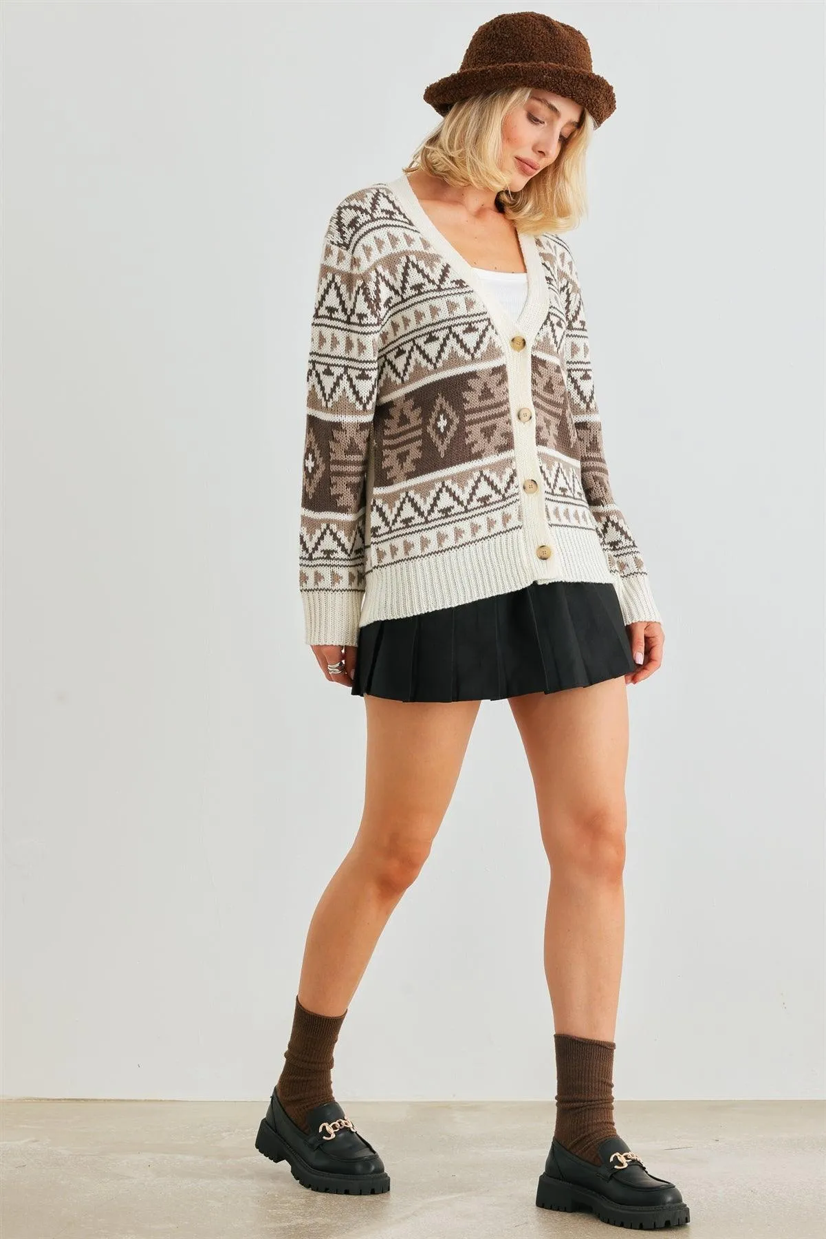 Fair Isle Knit Button-Up Long Sleeve Sweater Cardigan /2-2-2