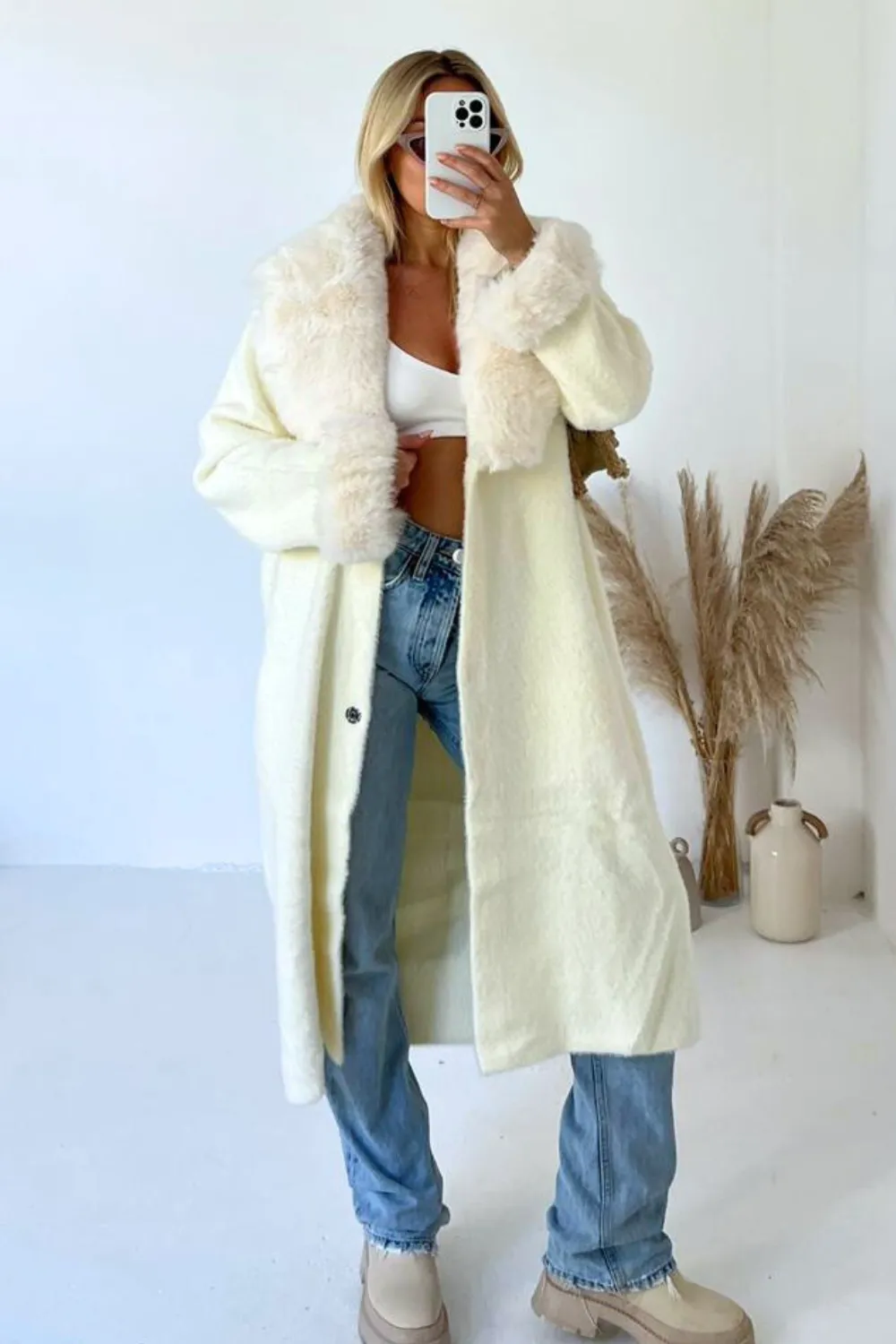 Freya cream faux fur collar long cardigan