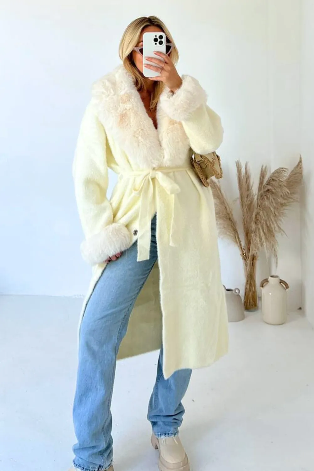 Freya cream faux fur collar long cardigan