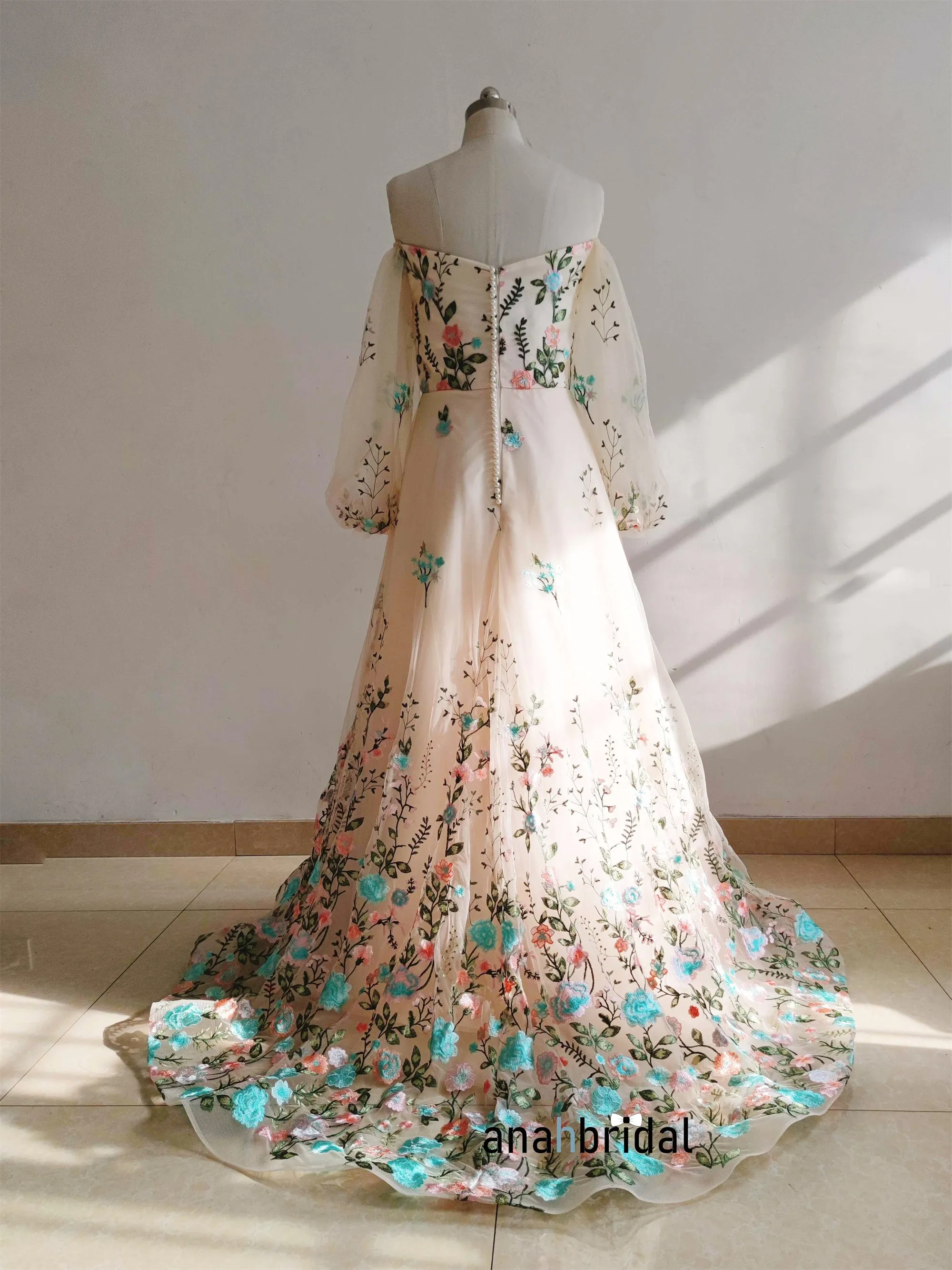 Green Embroidered Lace Floral Wedding Dress