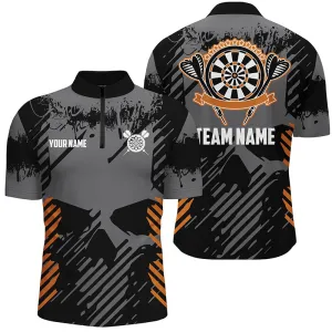 Grey Grunge Orange Skull Darts Quarter-Zip Shirts Custom Dart Shirts For Men Dart Jersey