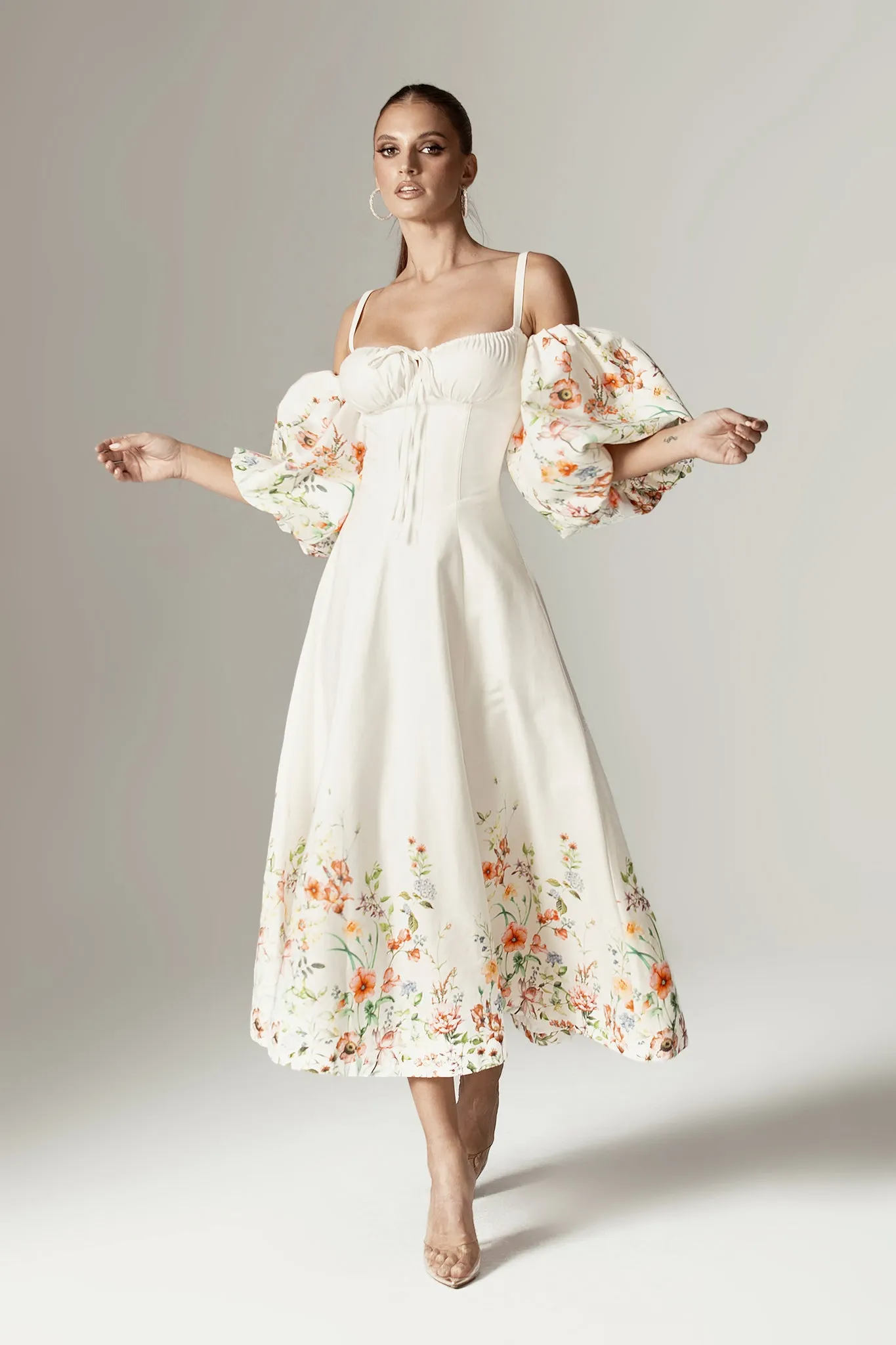 Jacquelyn Puff Sleeve Midi Dress (Floral Print)