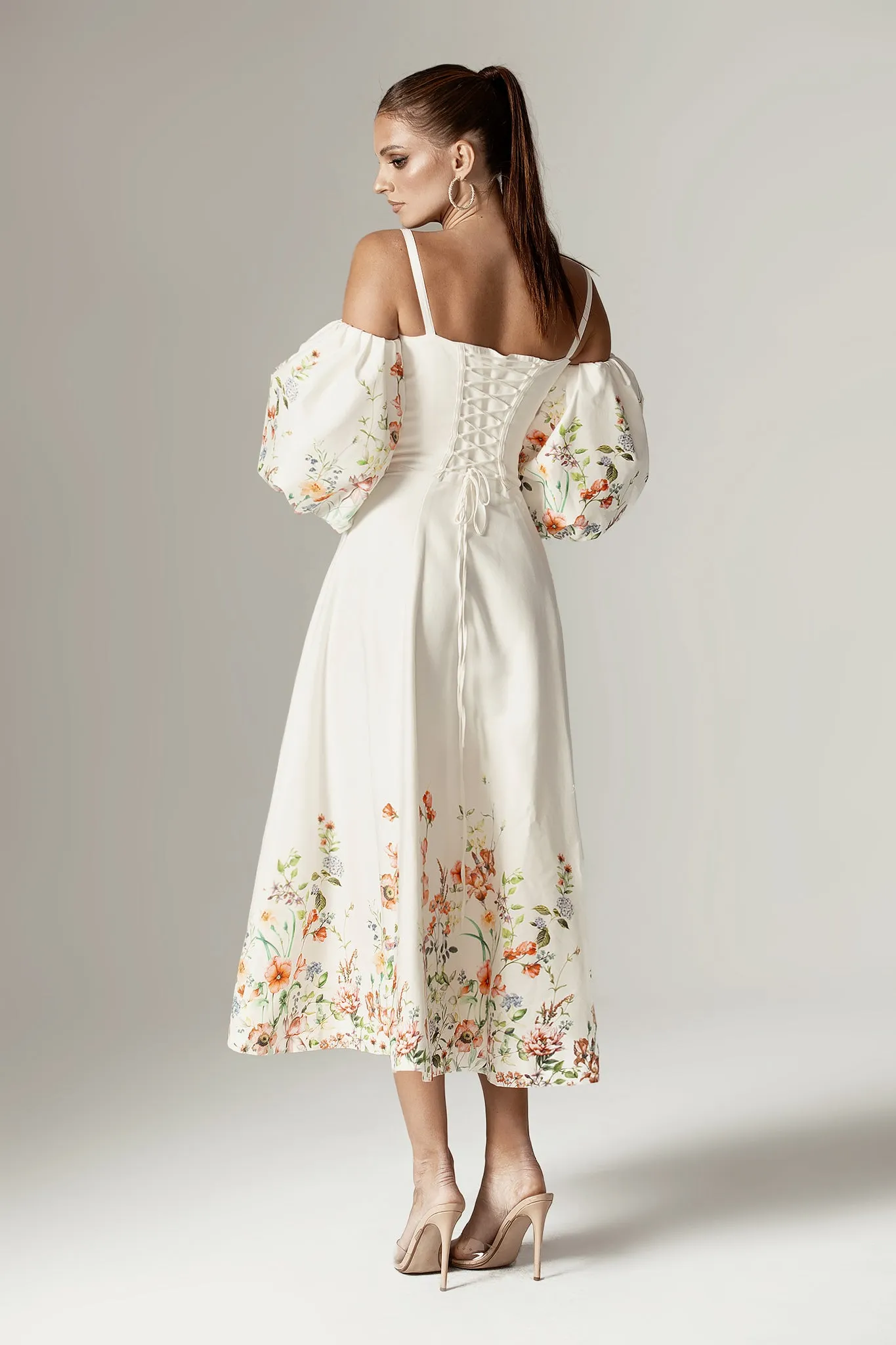 Jacquelyn Puff Sleeve Midi Dress (Floral Print)