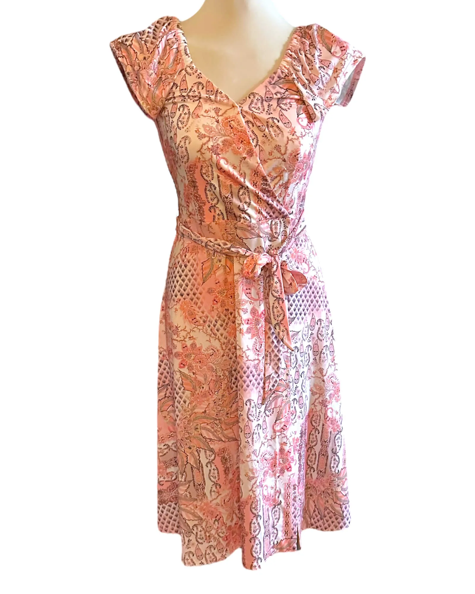 Light Spring Paisley Print Cap Sleeve Faux Wrap Dress