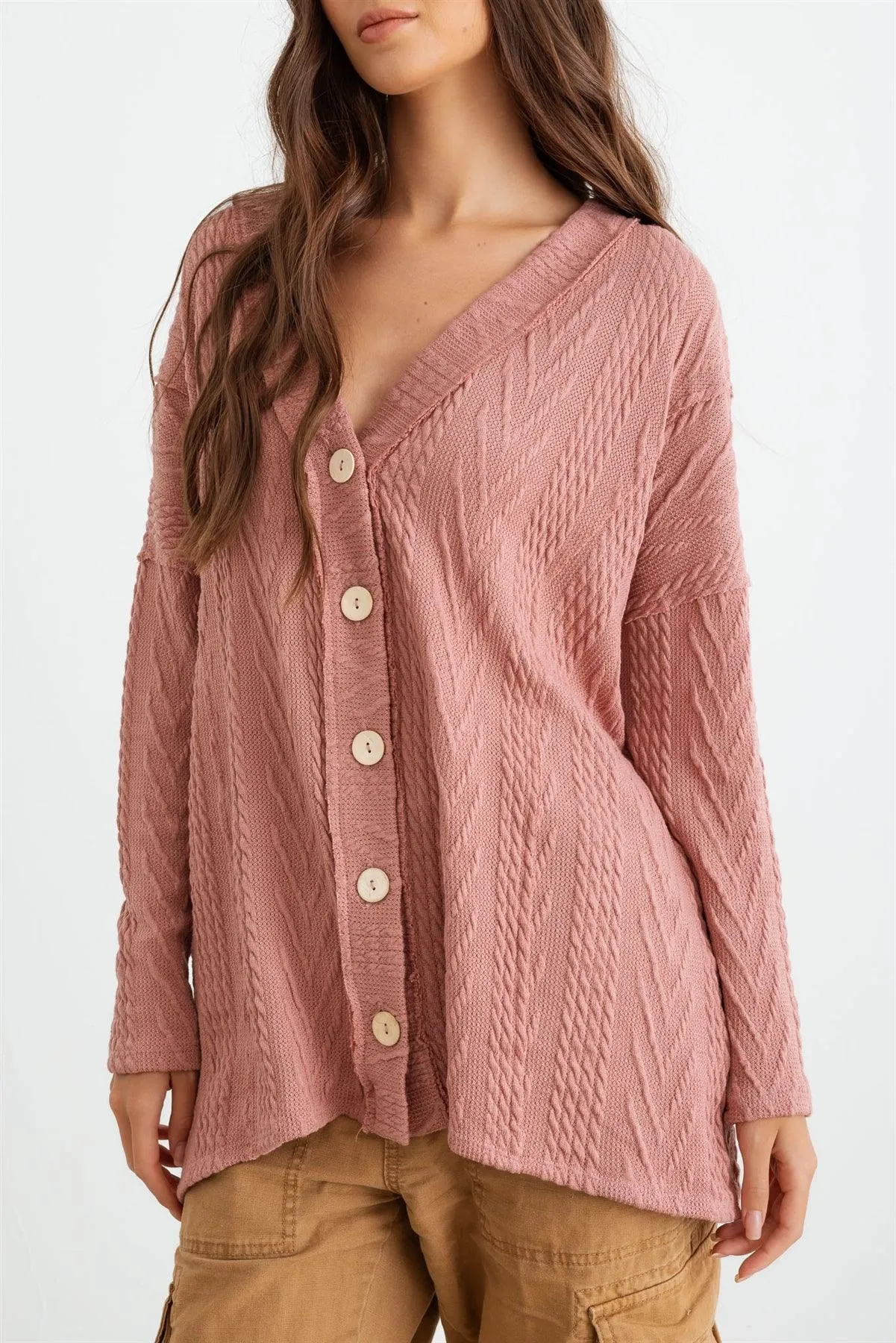 Mauve Cable Knit Button-Up Long Sleeve Cardigan /1-1-1