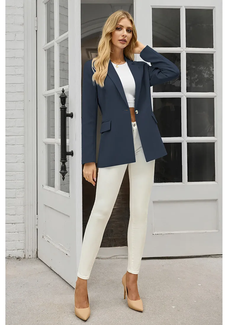 Navy Blue Women's Office Casual Long Sleeve Pocket Blazer Jacket