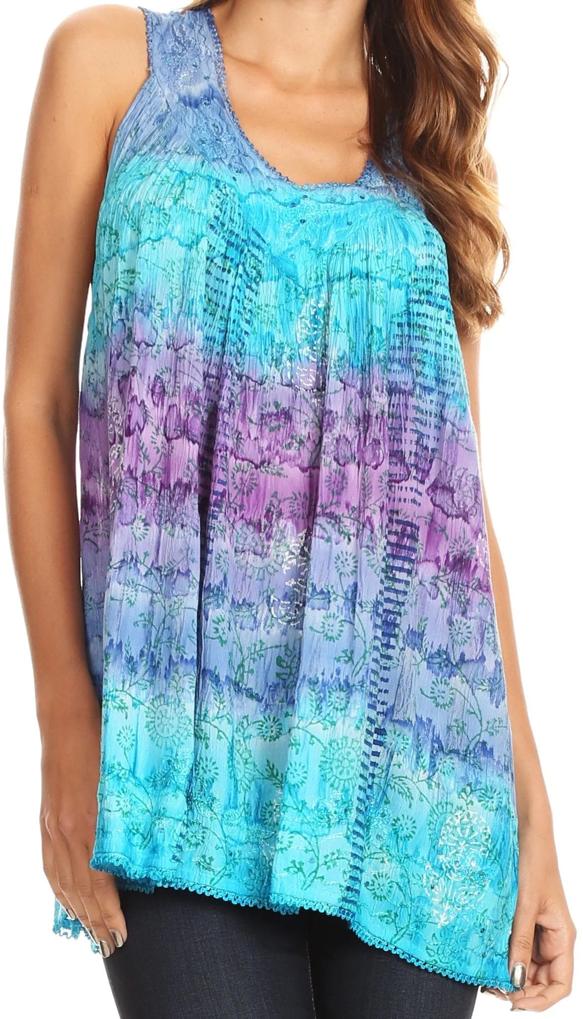 Sakkas Renee Dip Dye Floral Print Tank with Sequins and Embroidery