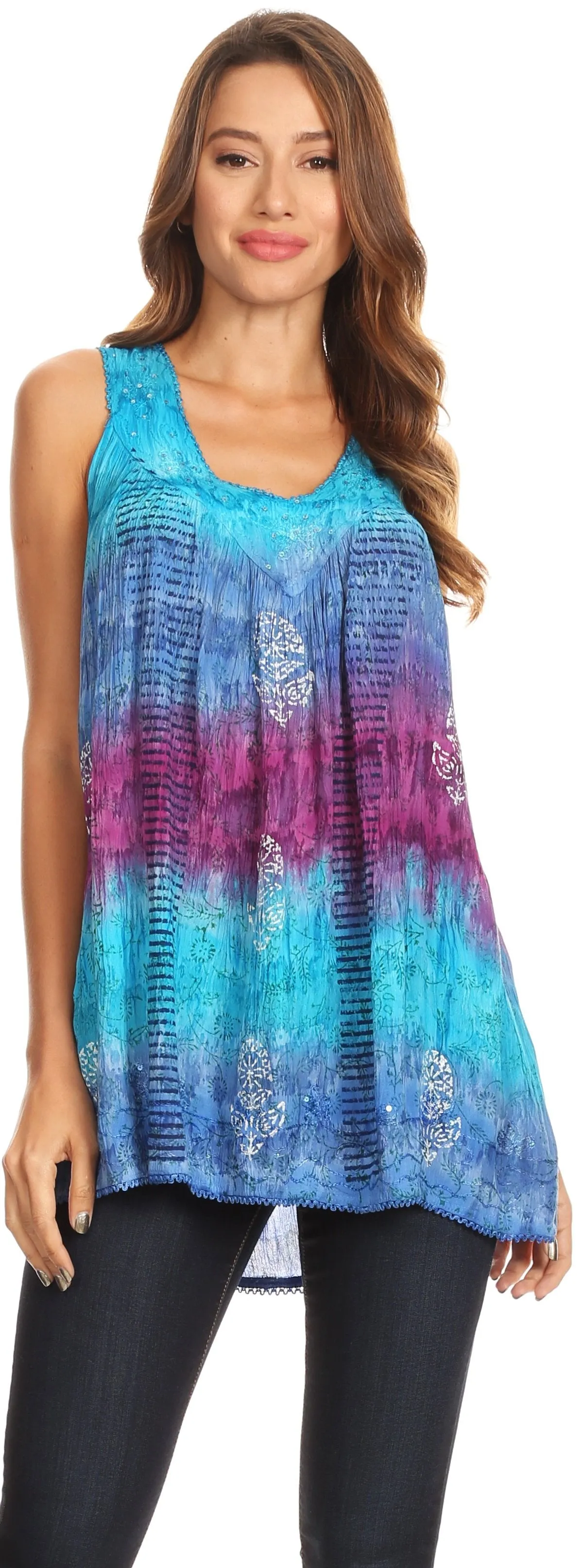 Sakkas Renee Dip Dye Floral Print Tank with Sequins and Embroidery