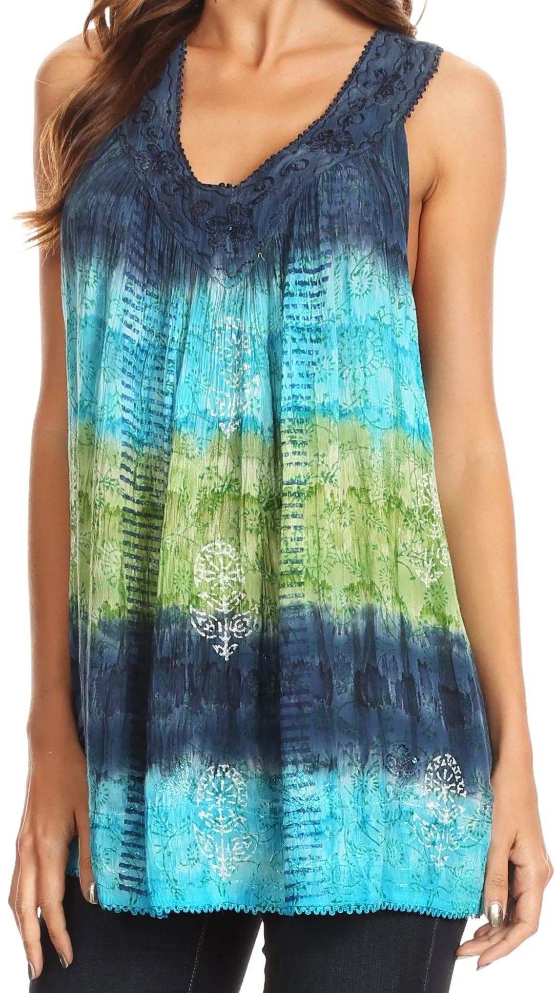 Sakkas Renee Dip Dye Floral Print Tank with Sequins and Embroidery