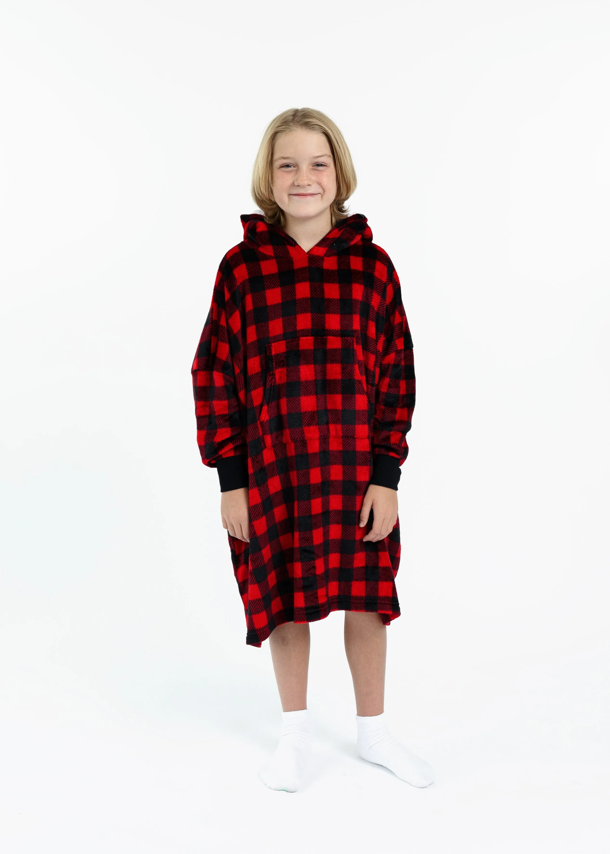 Unisex Red Plaid Wearable Cozy Fleece Blanket Hoodie