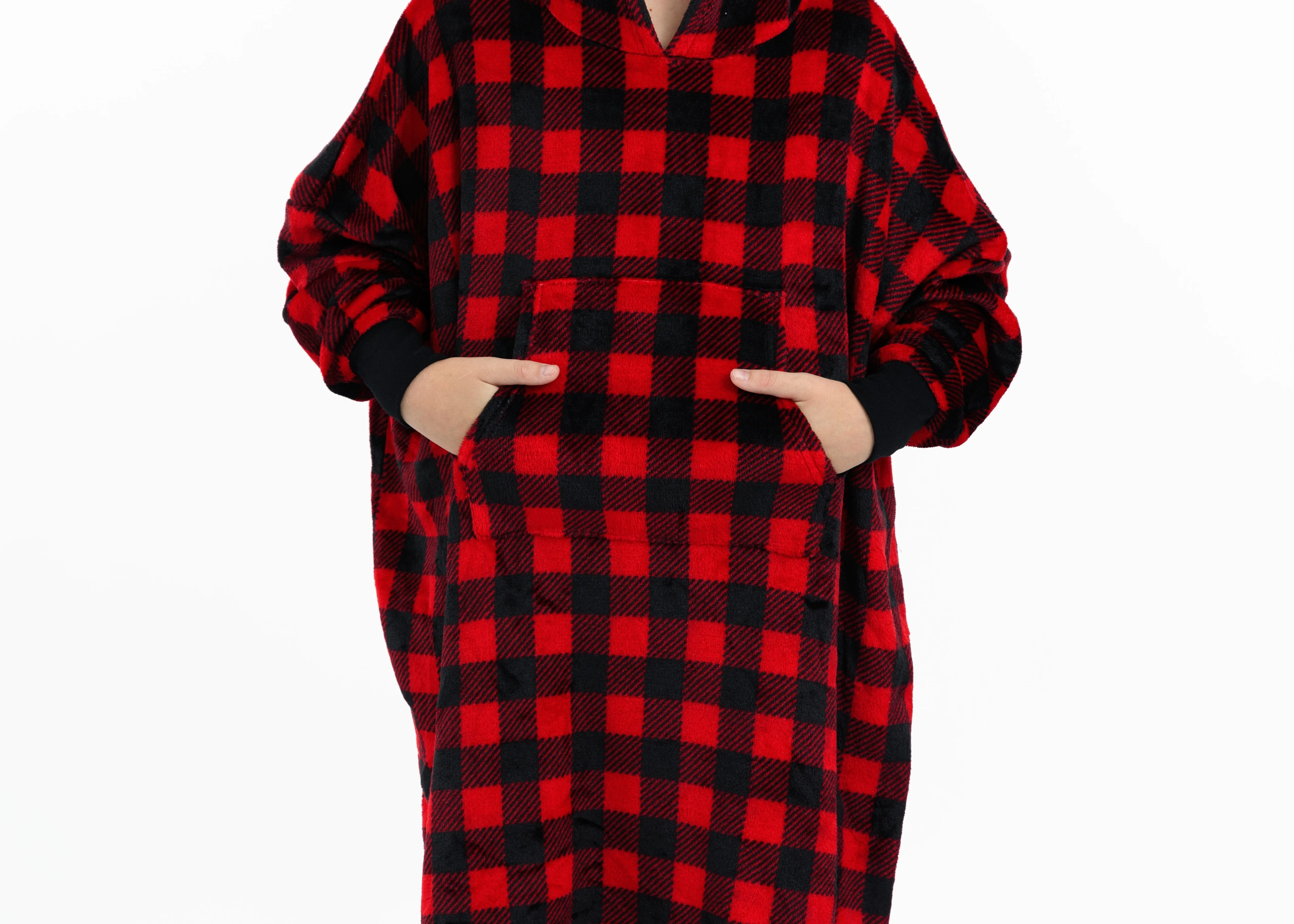 Unisex Red Plaid Wearable Cozy Fleece Blanket Hoodie