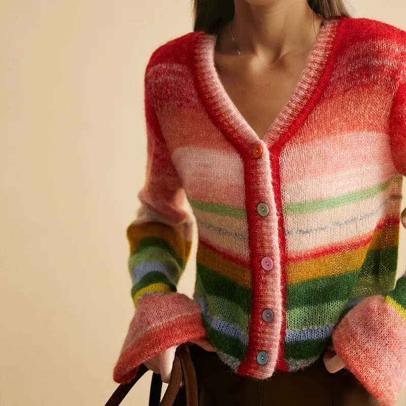 Women's Elegant Multicolored Stripe V-neck Knit Cardigan with Buttons | Ideal for Autumn/Winter