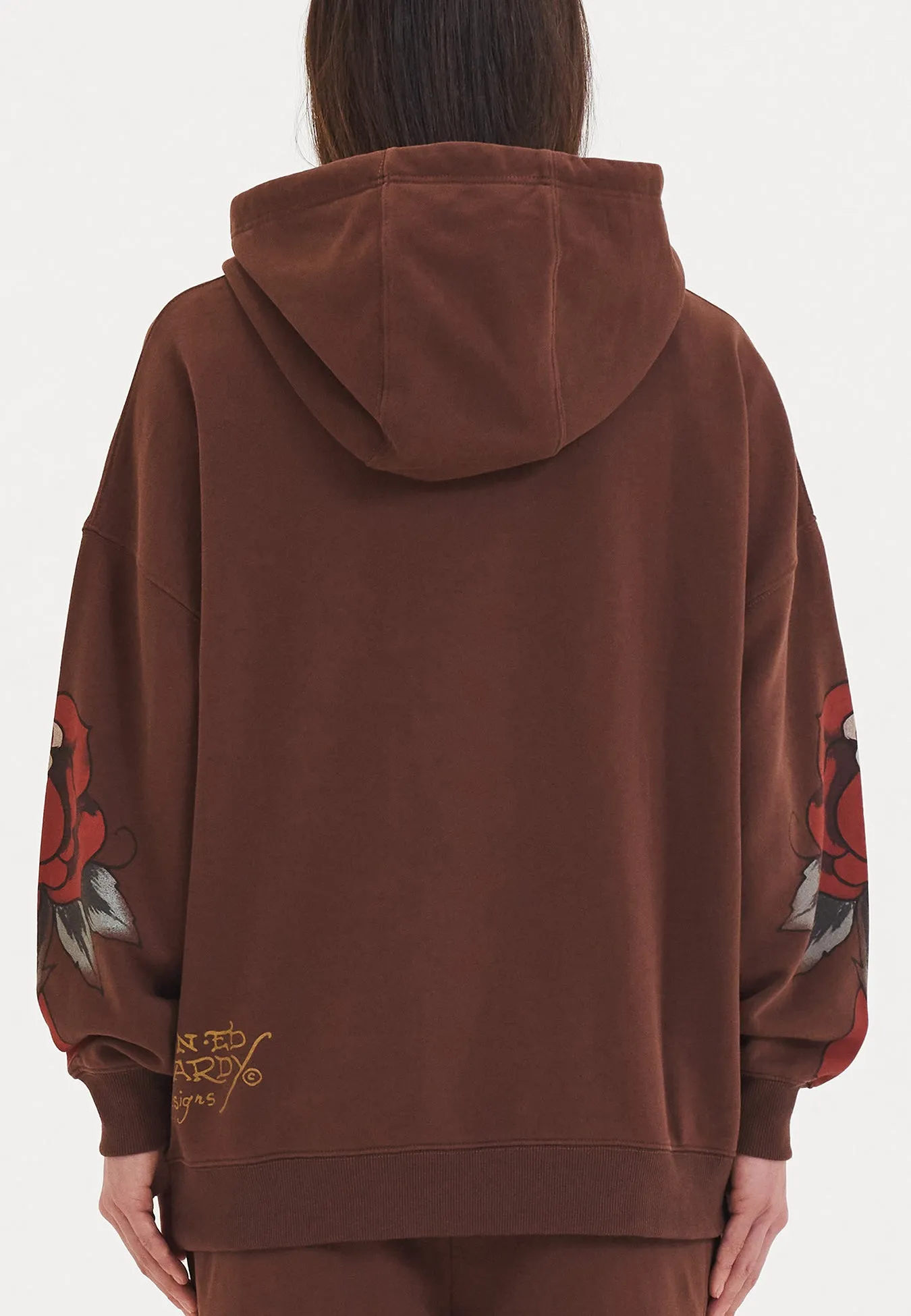 Womens Love Hard Graphic Relaxed Pouch Hoodie - Brown